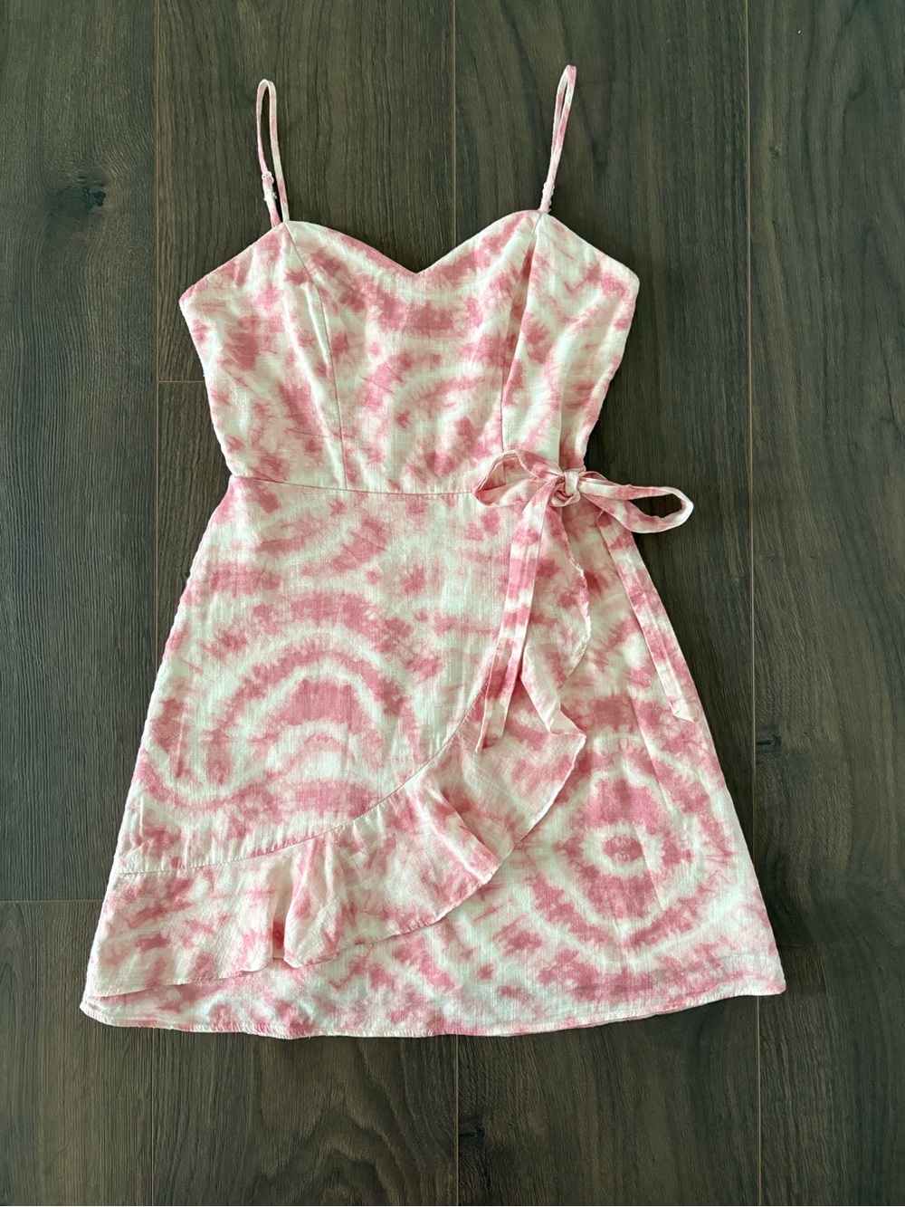 Pink Tie Dye Y2K Faux Wrap Boho Ruffle Mini Dress Sweetheart Neck Size 3